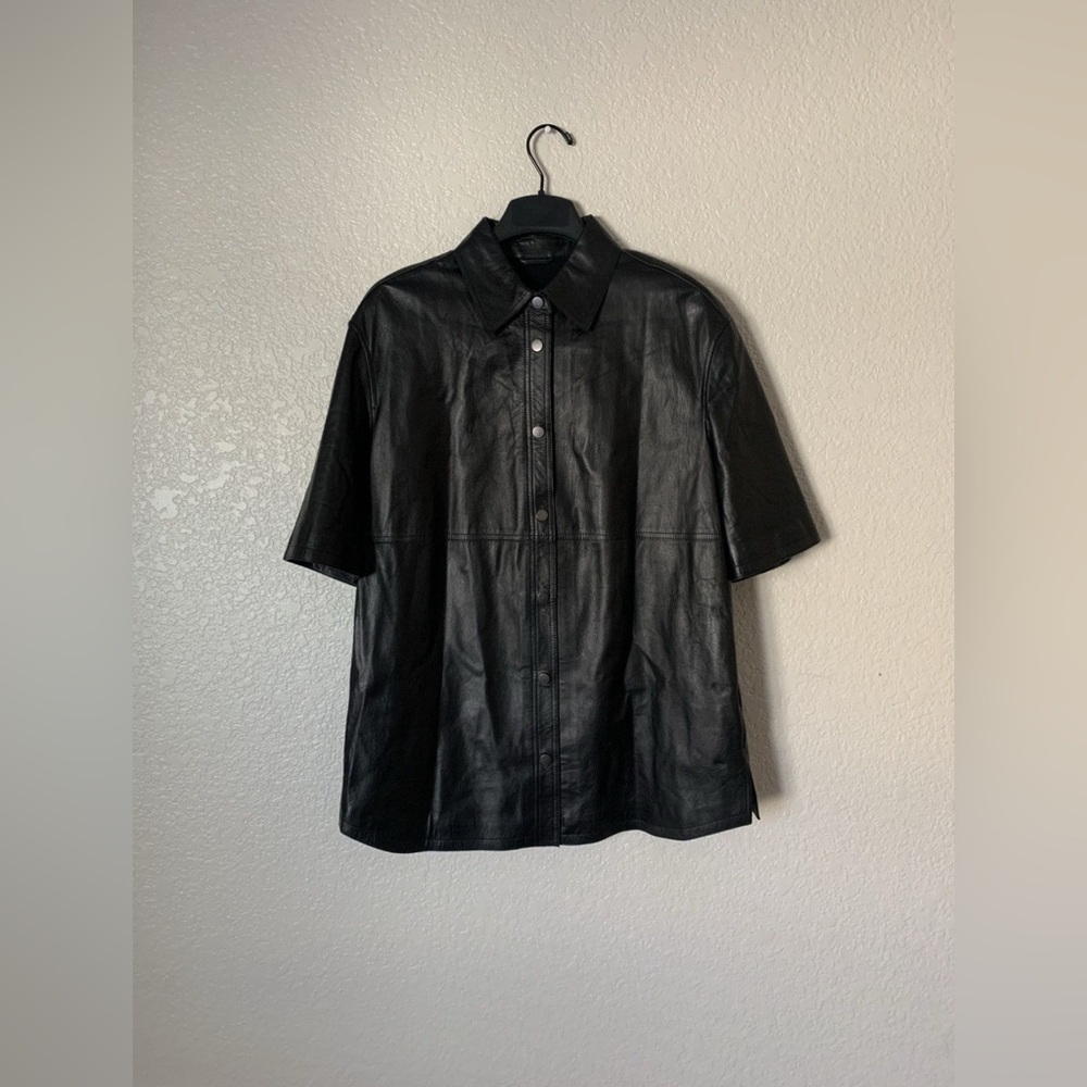 $7000 Brunello Cucinelli Oversized Leather Short Sleeve Button Up Shirt